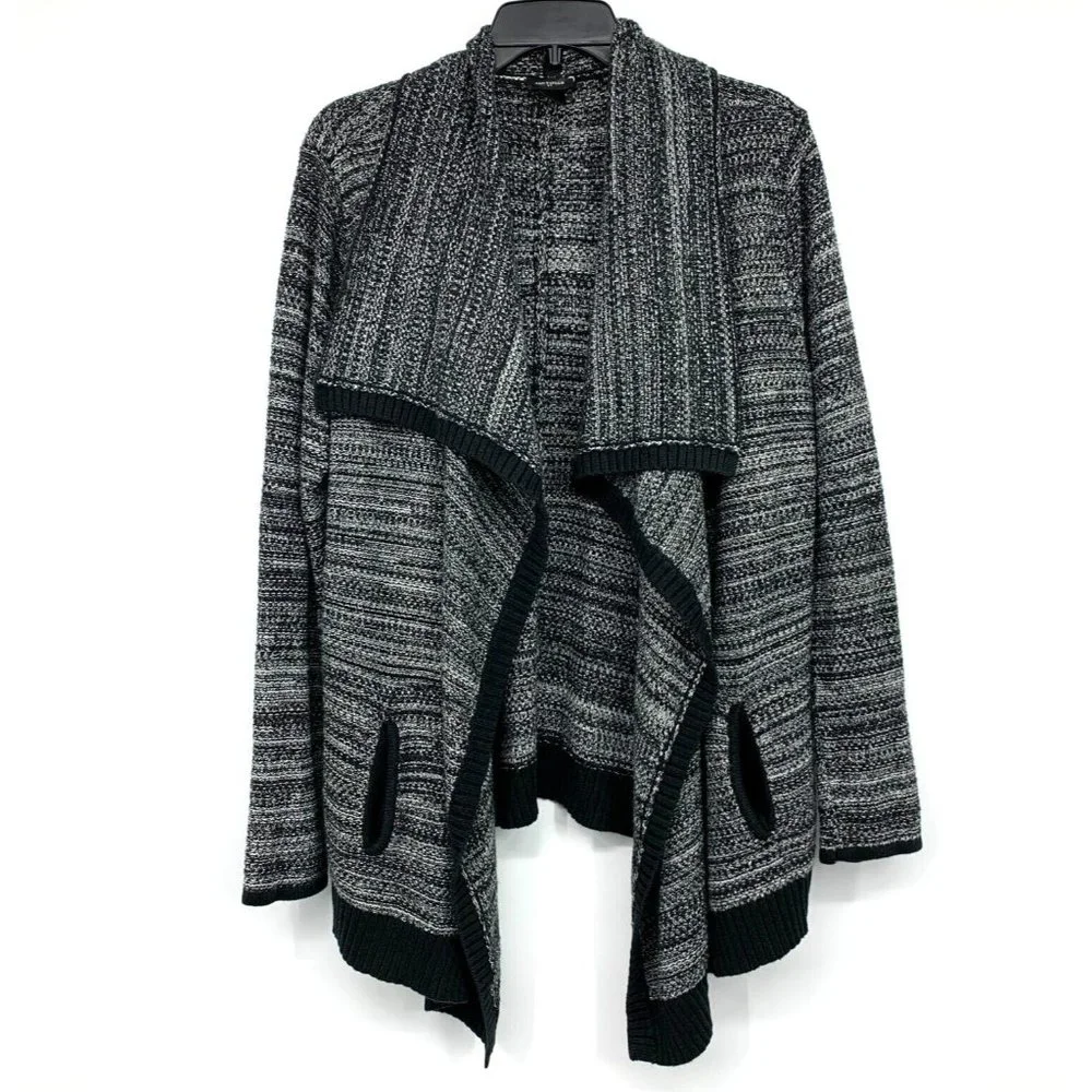 Ann Taylor Cardigan Black White Open Front Knit Pockets